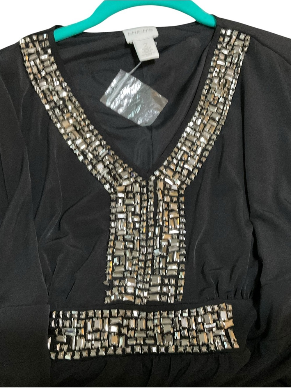 Chico’s Black Embellished Caftan Maxi Dress Beaded V-Neck Evening Gown Size 2 - Picture 4 of 7